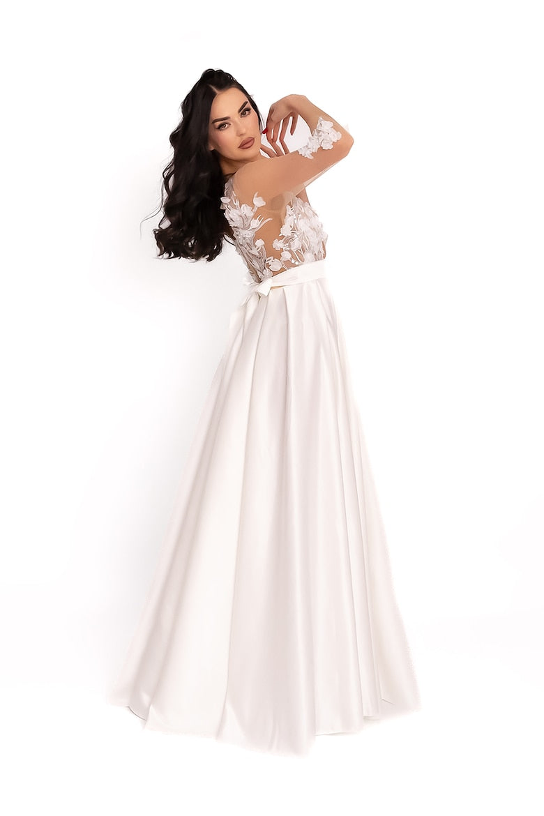 Long Dress with Front Slit and Floral Appliqué, Optic White 3