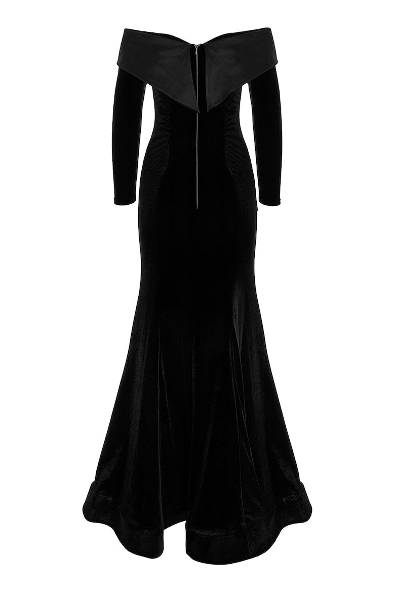 Velvet Dress with One-Shoulder Neckline, Black 5
